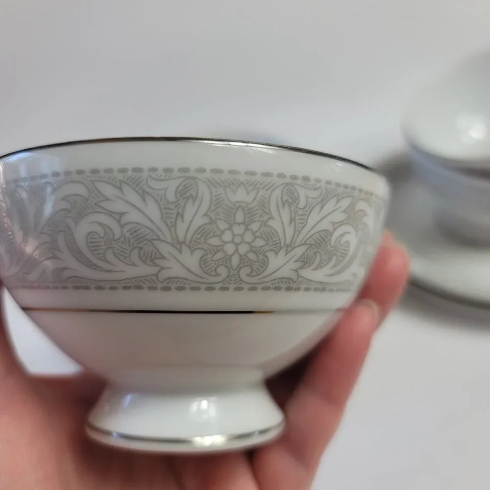 FOUR Imperial China Whitney Cup & Saucers White Gray Band Leaf Scrolls W. Dalton